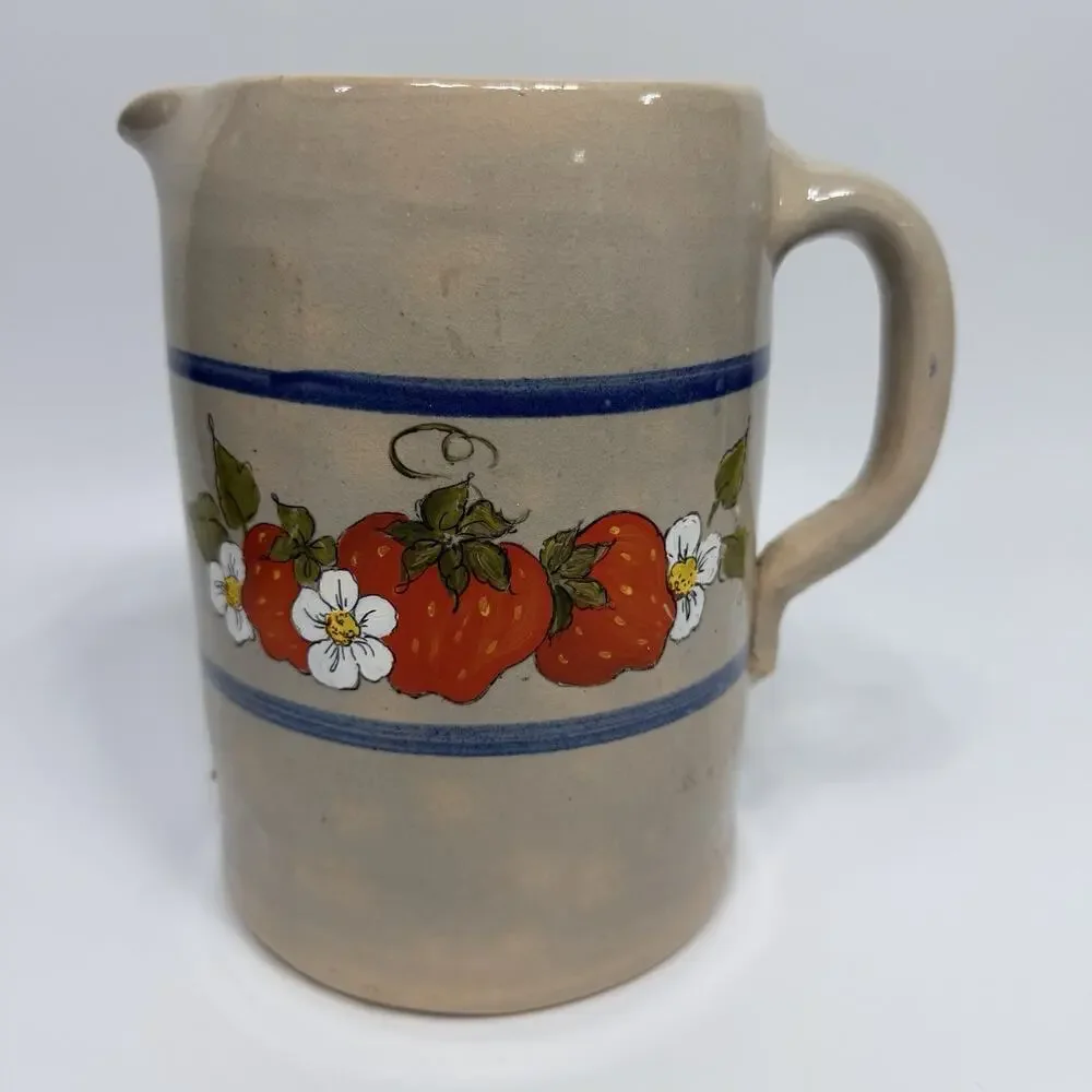 Vtg Stoneware Crock Pottery Pitcher Cobalt Blue Stripe Handpainted Strawberries